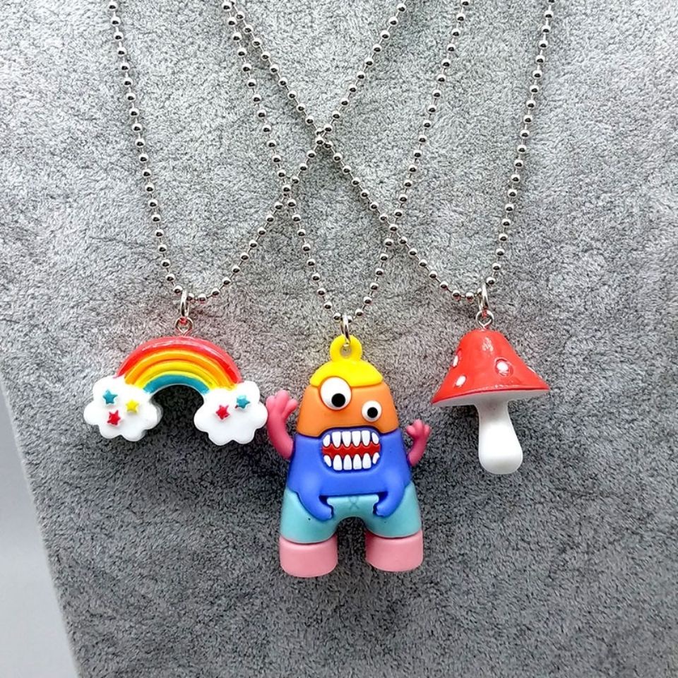 Boneka pelangi jamur rakasa liontin kalung ornamen ins sederhana stainless steel manik-manik kalung