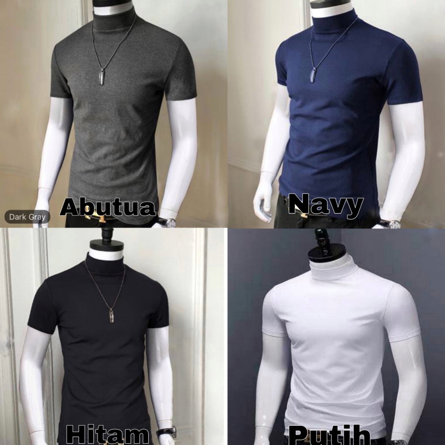 Baju Kaos Turtleneck Polos Pria Lengan Pendek Sweater Fashion Kaos Korea Rajut Kerah Leher Tinggi Pr