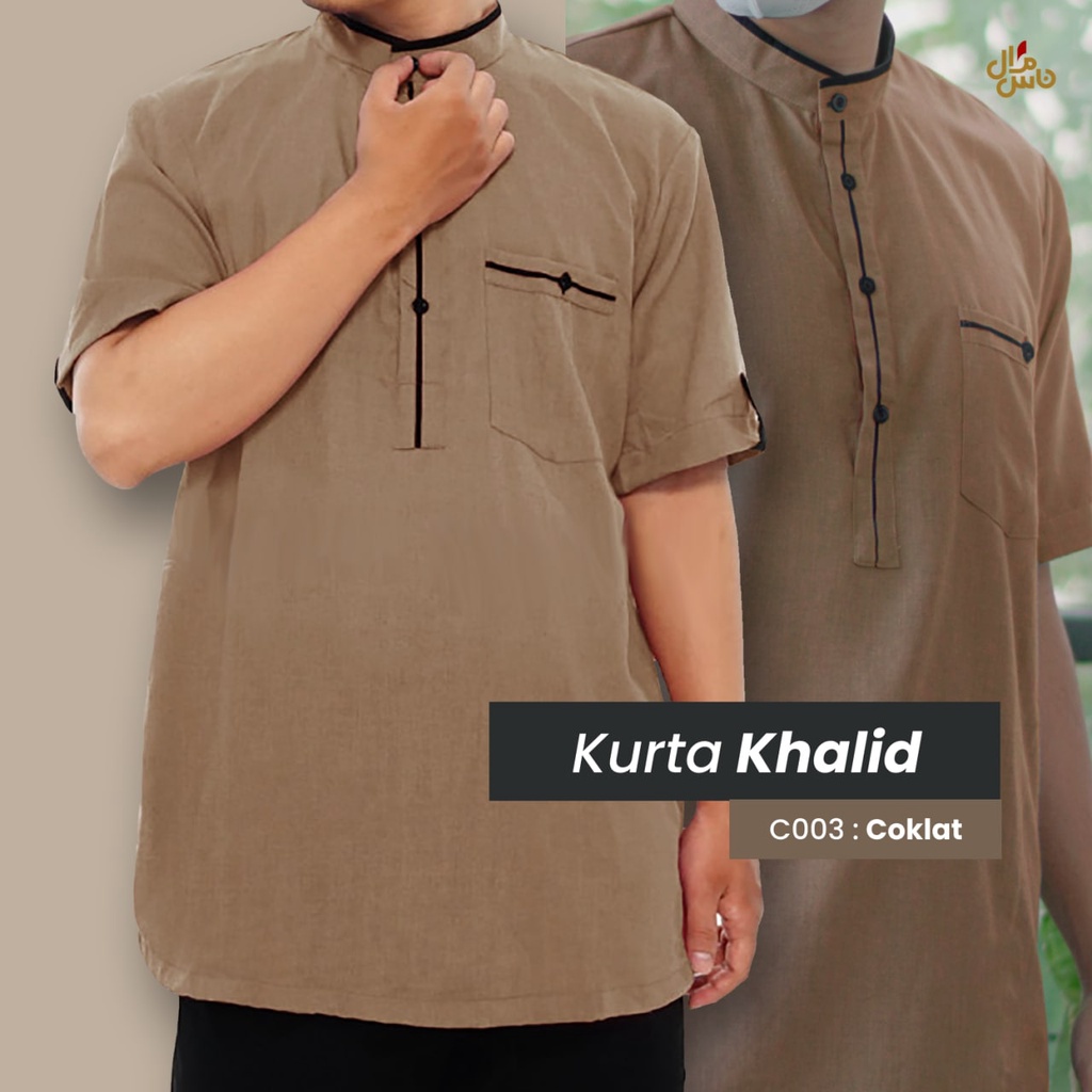 Baju Koko Kurta Pria Dewasa Lengan Pendek Bahan Katun KHALID Gratis Peci Rajut