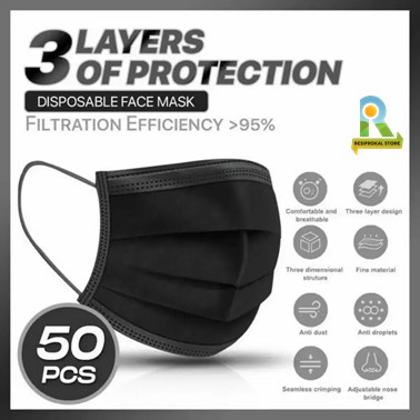 Masker Cantol Hitam Earloop 3Ply isi 50 Pcs 50Pcs