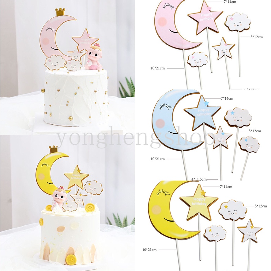 5pcs / set Topper Kue Bentuk Mahkota Bulan Bintang Awan Happy Birthday Untuk Dekorasi Baby Shower