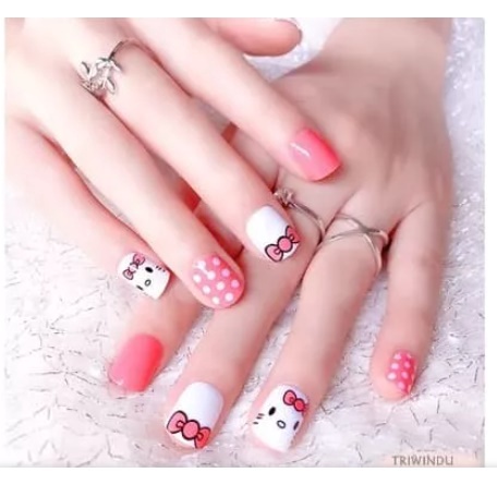 KUKU PALSU 3D FAKE NAIL NAILART PINK TEMA HELLOKITTY + LEM