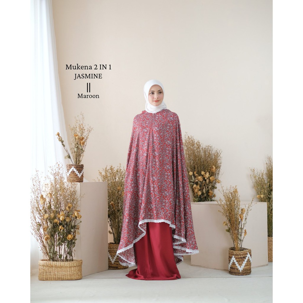 Raszi Official - Mukena Dewasa 2in1 Renda Katun Rayon Premium Motif Jasmine Warna Maroon