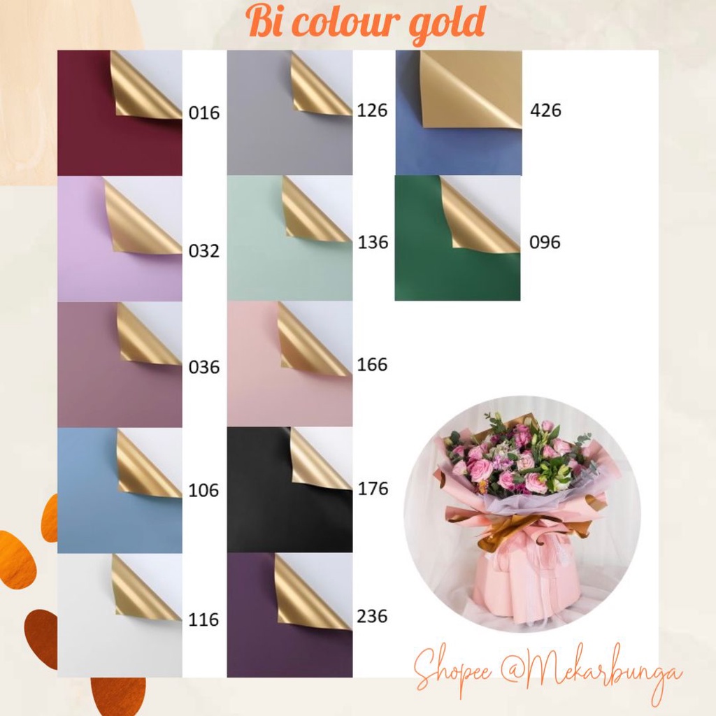 

(K 7 / KF 7) - (1 Lembar) Kertas Bunga Cellophane Bi Color Gold Flower Wrapping Korean Style Waterproof Kertas Buket Bunga