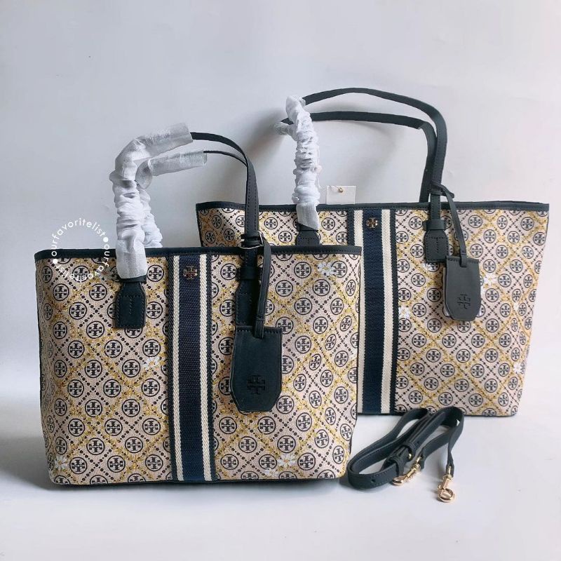 Tory Burch T monogram floral vine top zip tote