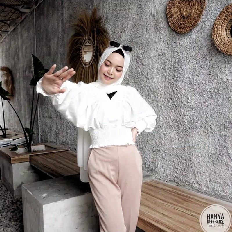 1 KG 6 PCS | DELONIX TOP / ATASAN WANITA / PUFF LENGAN BALON KERUT / KEMEJA WANITA / FASHION MURAH-PUFF PUTIH