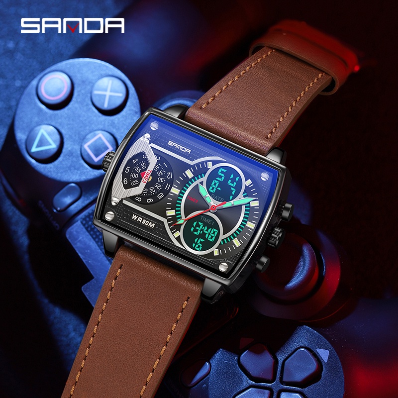 SANDA 6032 Jam Tangan Pria Digital Analog Tali Kulit 3 Time Zone Display EL Backlight WATCHKITE WKOS