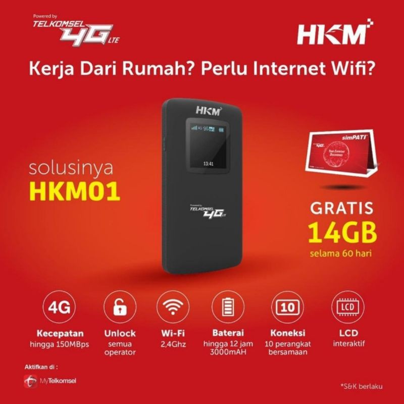 Modem Mifi HKM 001 Mifi 4G LTE UNLOCK Free Telkomsel 14GB Garansi Resmi