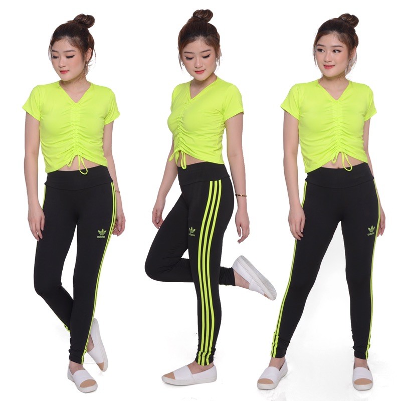 Setelan Senam aerobik zumba yoga gym fitness model crop serut+Legging ADS garis