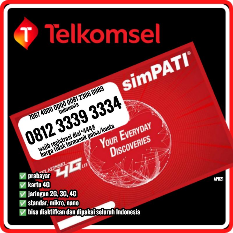 Kartu perdana nomor cantik Telkomsel simpati 4G rapi dobel tripel 3339 3334