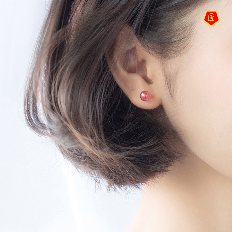 [Ready Stock]S925 Silver Strawberry Quartz Ear Studs Women's Elegant Sweet