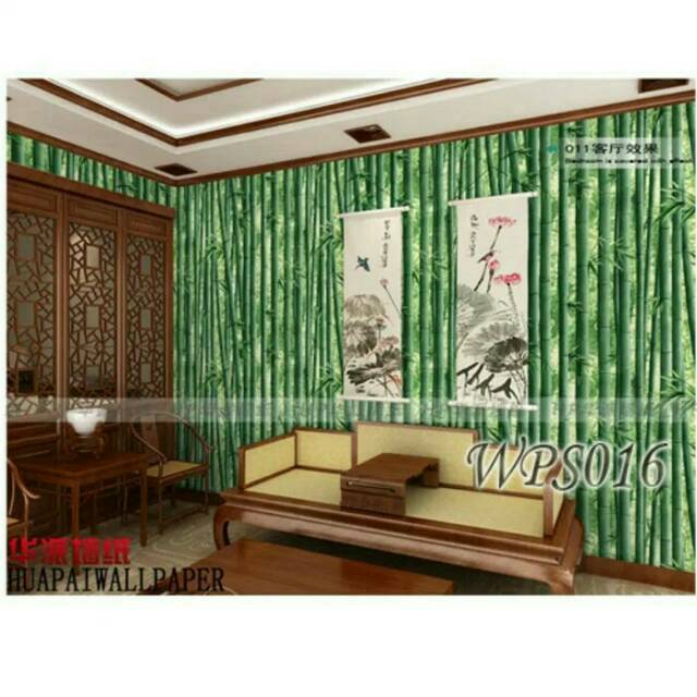 wallpaper dinding motif bambu hijau tua