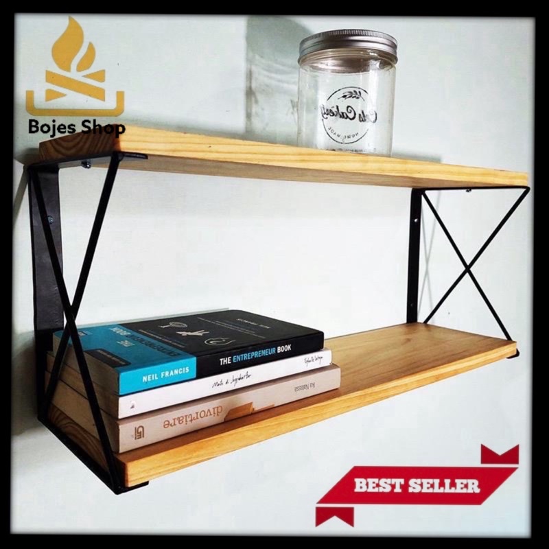 RAK buku bumbu dapur rak besi ambalan kayu dinding minimalis 2 ambalan
