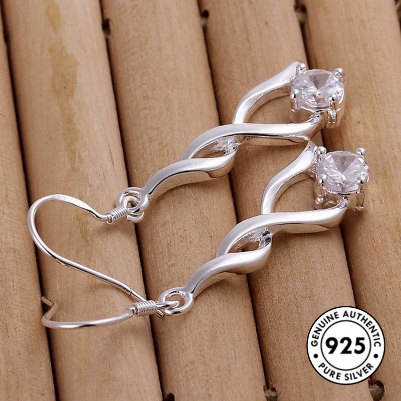 Anting Tusuk Sterling Silver 925 Desain Rumbai Hias Berlian Imitasi Elegan Untuk Wanita