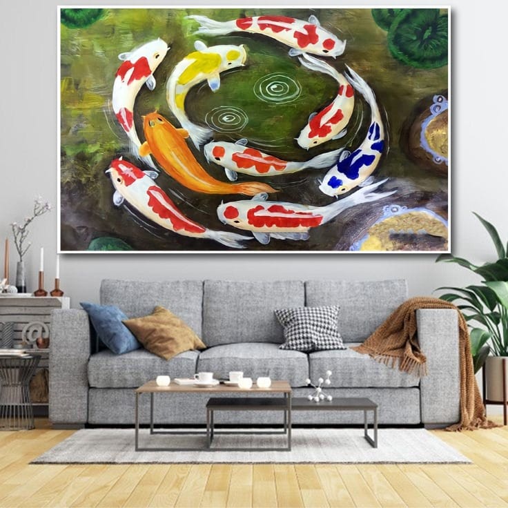 Lukisan Poster Ikan Koi hoki Fengshui 9 Jumbo 3 dimensi Xtra Besar Ukuran 70x50 cm 100x70cm 150x100c