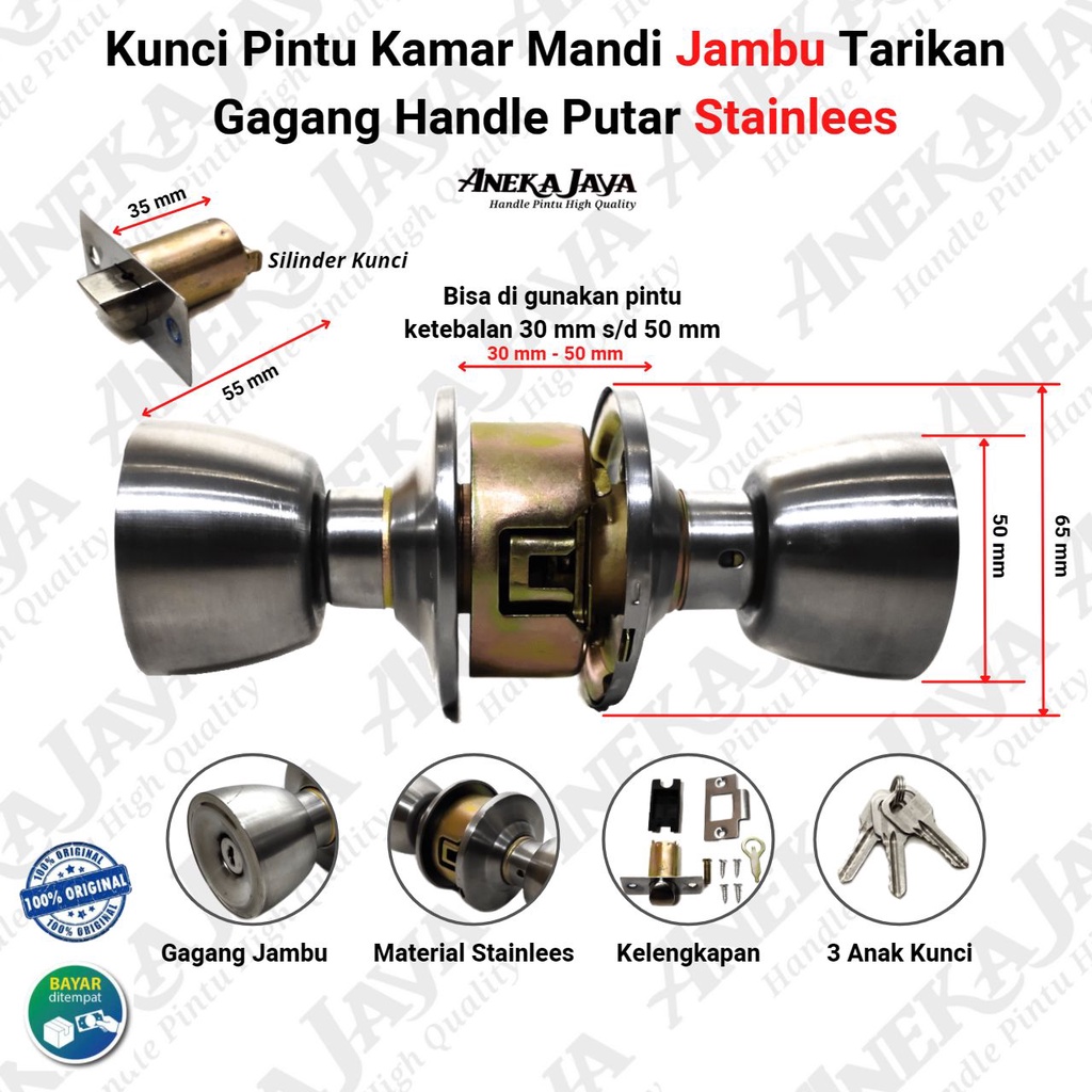 Kunci pintu kamar mandi / Tarikan Gagang Pintu Rumah Putar stainlees murah awet / Gagang Bulat