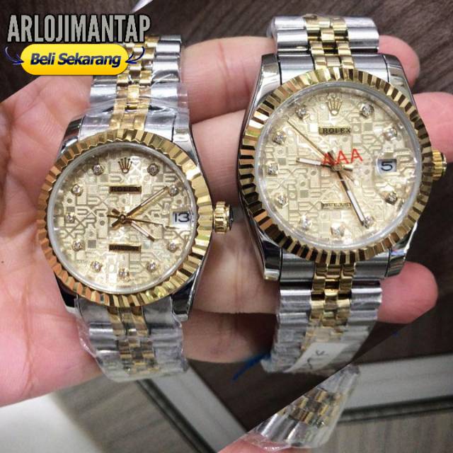 JAM TANGAN WANITA PRIA COUPLE ROLEX DATEJUST COMBI GOLD FULL SET BOX ORIGINAL