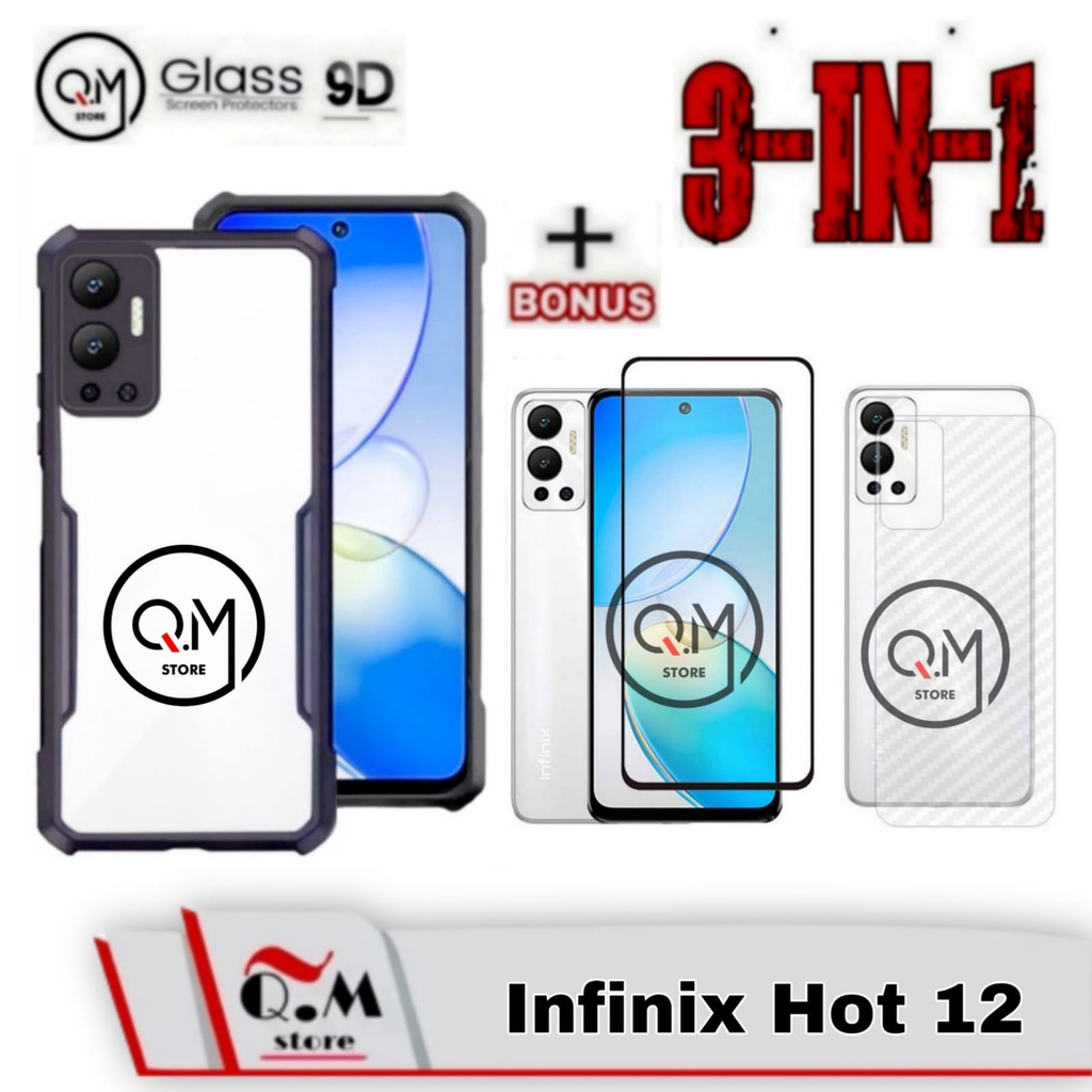 Paket 3 in1 Case Transparan Infinix Hot 12i Softcase Transparan Armor Acrilik Pelindung Back Cover