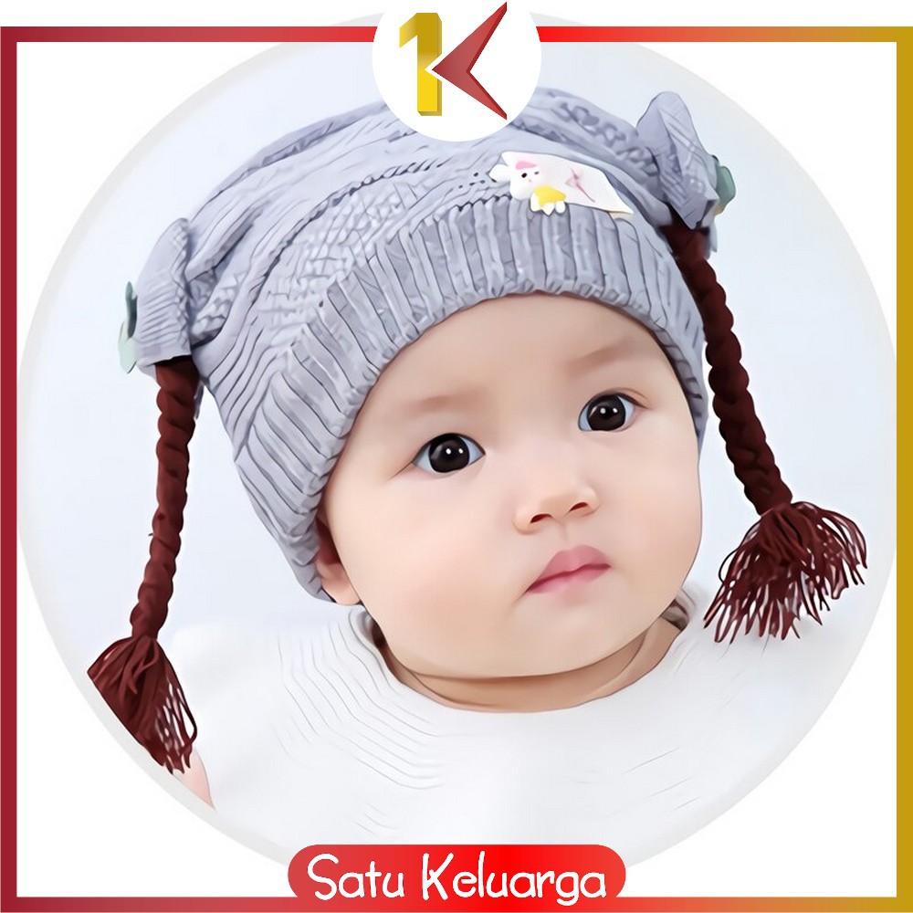 SK-P19-21 Topi Anak Perempuan Rambut Kepang / Topi Bayi Kupluk Rajut Imut Lucu / Baby Hat Wig Impor-4