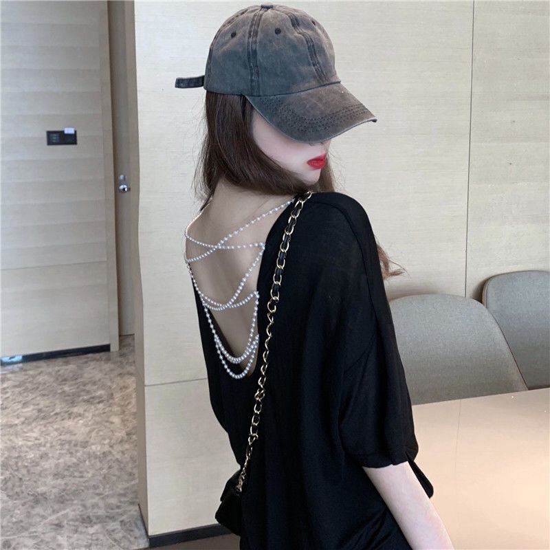 Suhao American Top Hati-hati Mesin Backless Pearl Hollow Tabir Surya T-shirt Musim Panas Longgar Len