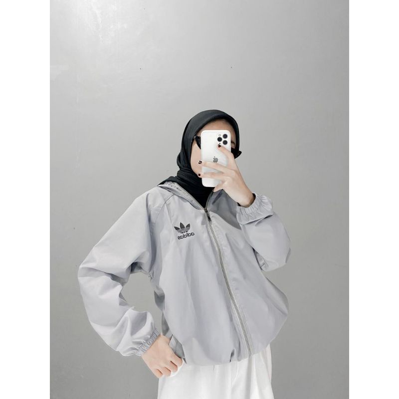 Jaket Olahraga Parasut Pria dan Wanita , Sauna Suit, Jogging, Lari, Bersepeda, Despo, Gym Fitnes, Senam, Pria dan Wanita-ABU TUA ADIDAS