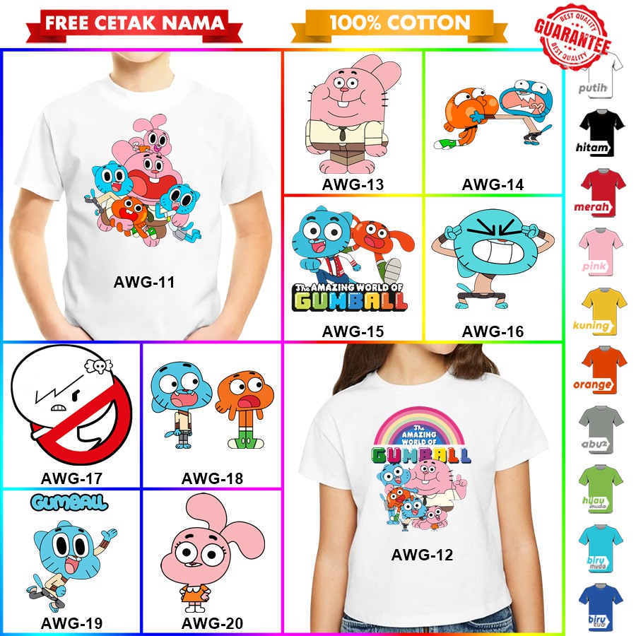 [FREE NAMA!!] Baju Kaos ANAK DAN DEWASA AMAZING WORLD OF GUMBALL BANYAK MOTIF