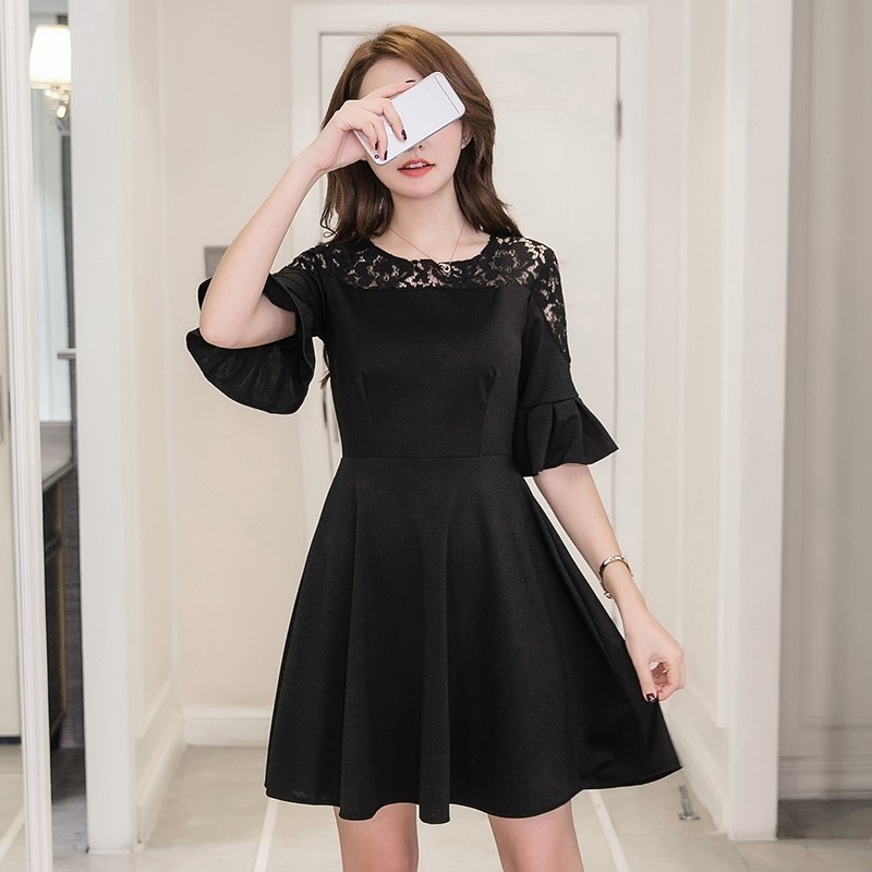 Dress Midi Wanita Model Slim Gaya Korea Bahan Lace Warna Hitam / Merah untuk Pesta Malam / Club