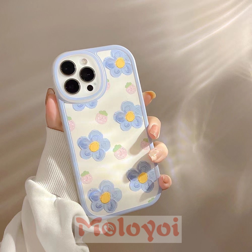 Oil Painting Blue Flowers Pink Strawberry Phone Case Compatible for IPhone 7 8 6 6s Plus 11 12 13 Pro Max X XR XS Max SE 2020 Shockproof Soft Back Cover