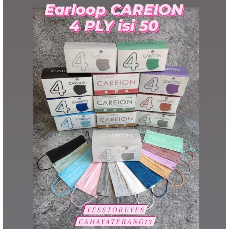 Ready masker earloop 4 ply ya merk careion care ion hitam putih black white face mask disposable