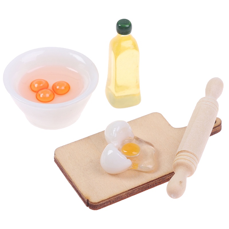 Set Miniatur Mangkok + Telur + Rolling Pin Untuk Aksesoris Dapur Rumah Boneka 1: 12