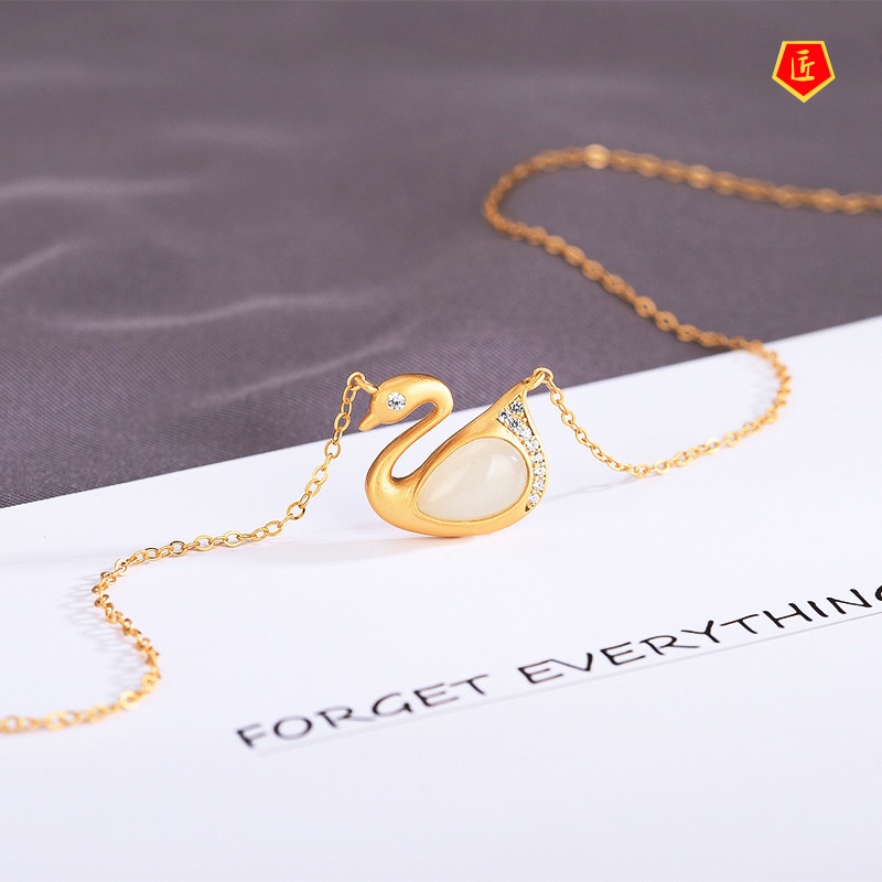 [Ready Stock]Swan-Shaped Hetian Jade Golden Pendant Necklace for Women Elegant All-Match