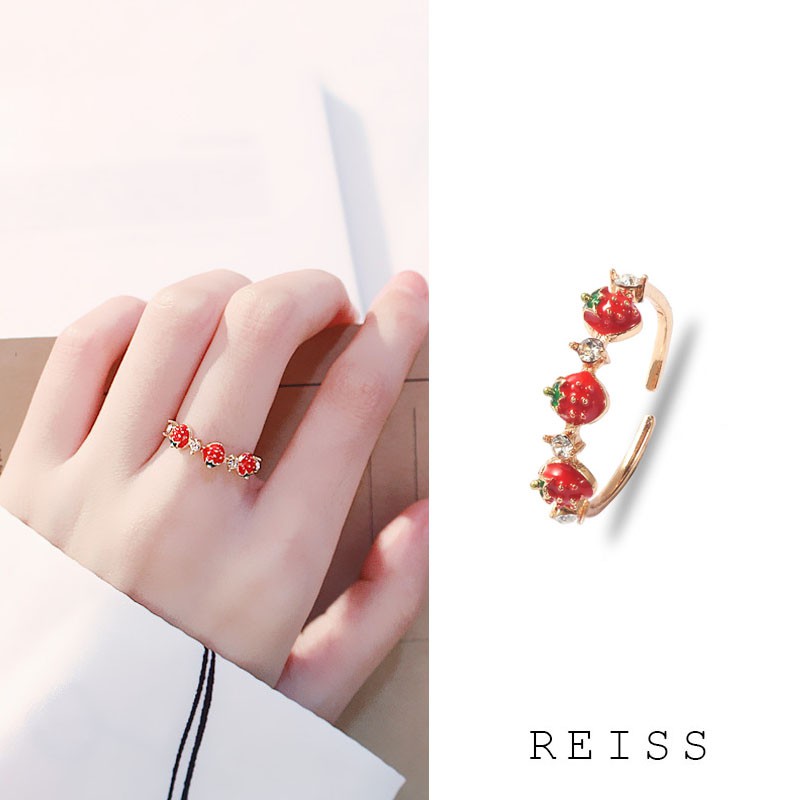 Cincin Model Terbuka Desain Strawberry Hias Berlian Untuk Wanita