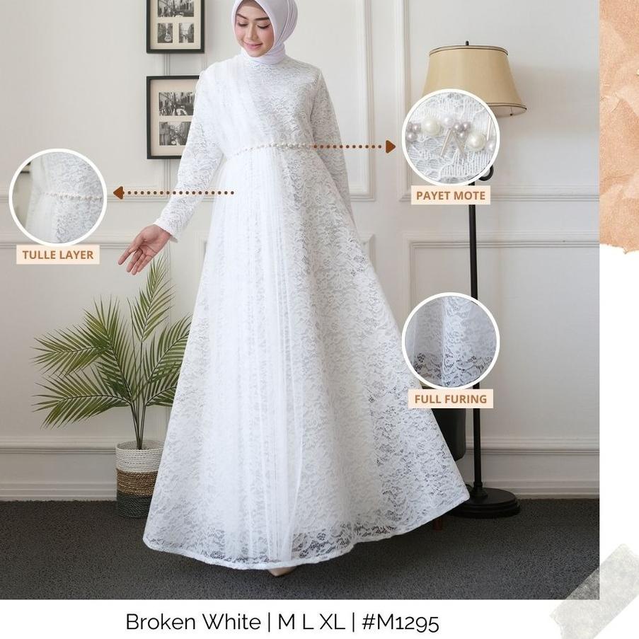 Big Sale Modesee Gamis Putih Polos Brukat Payet Wanita Muslim Lyra M1295, Gamis Putih M L XL