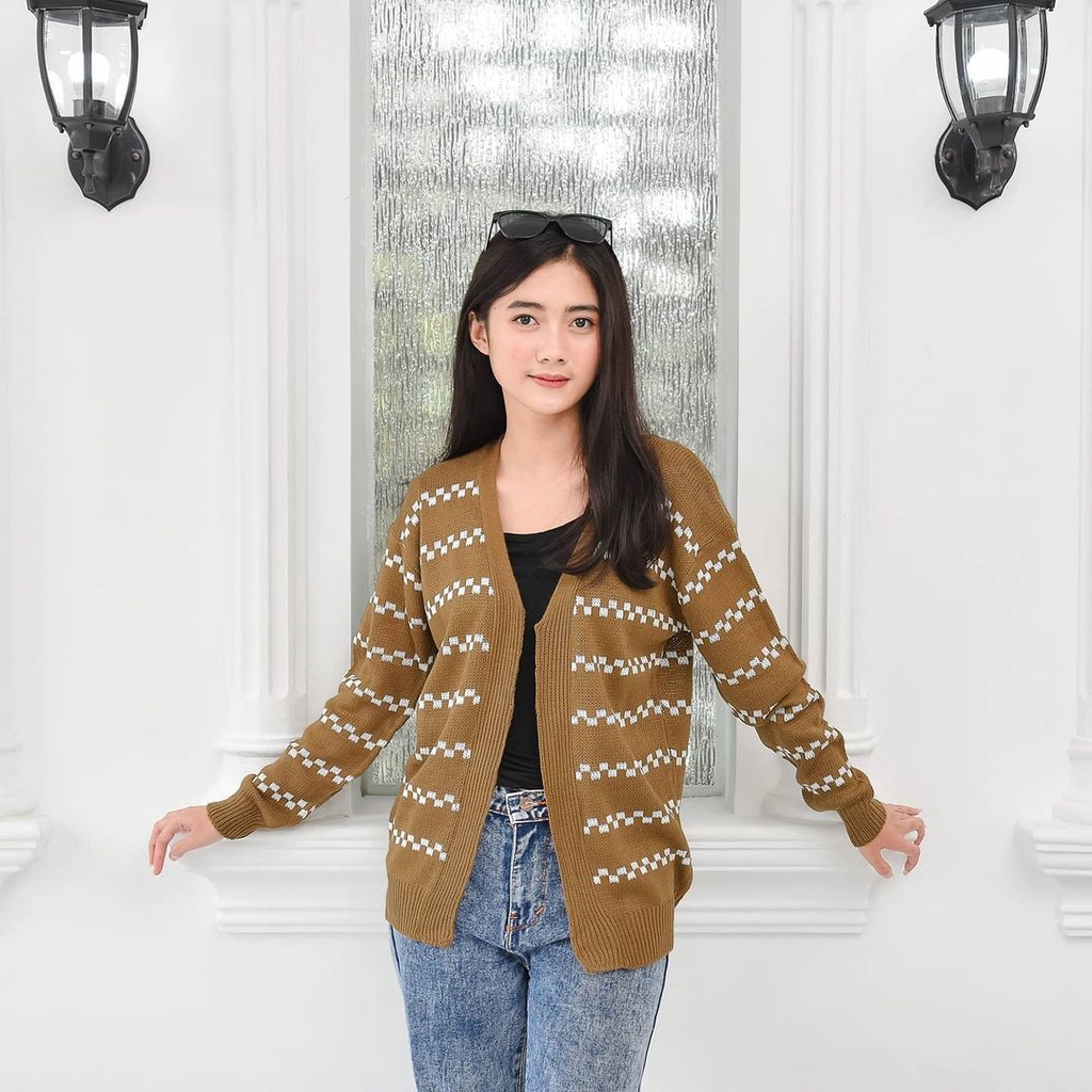 Mozy Oxy  Cardie Rajut Atasan Cardigan Motif Garis Stripe