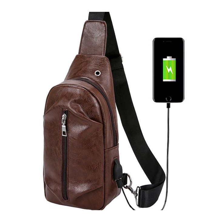 Tas Selempang slempang Pria Kulit Import USB Port Sling bag