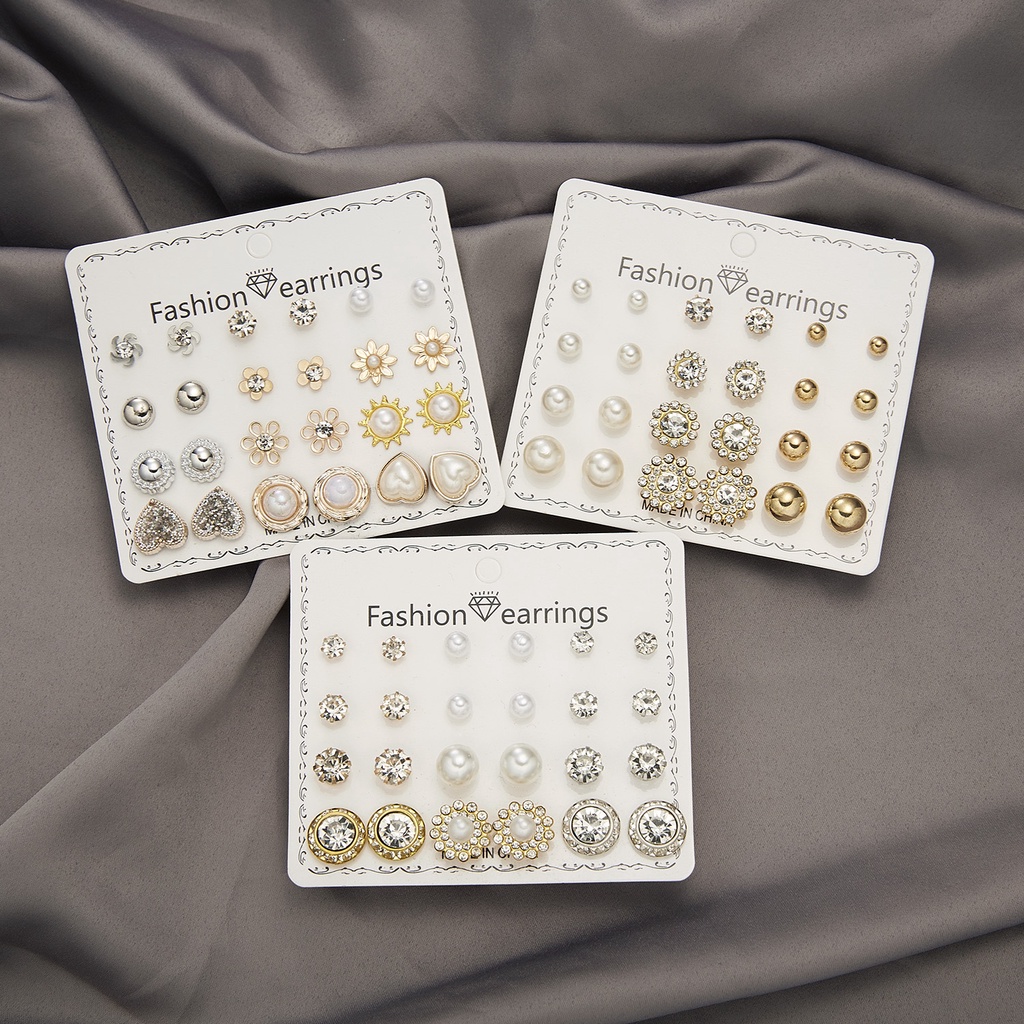 12 Pasang / Set Anting Stud Mutiara Berlian Bentuk Bulat Gaya Korea Untuk Wanita