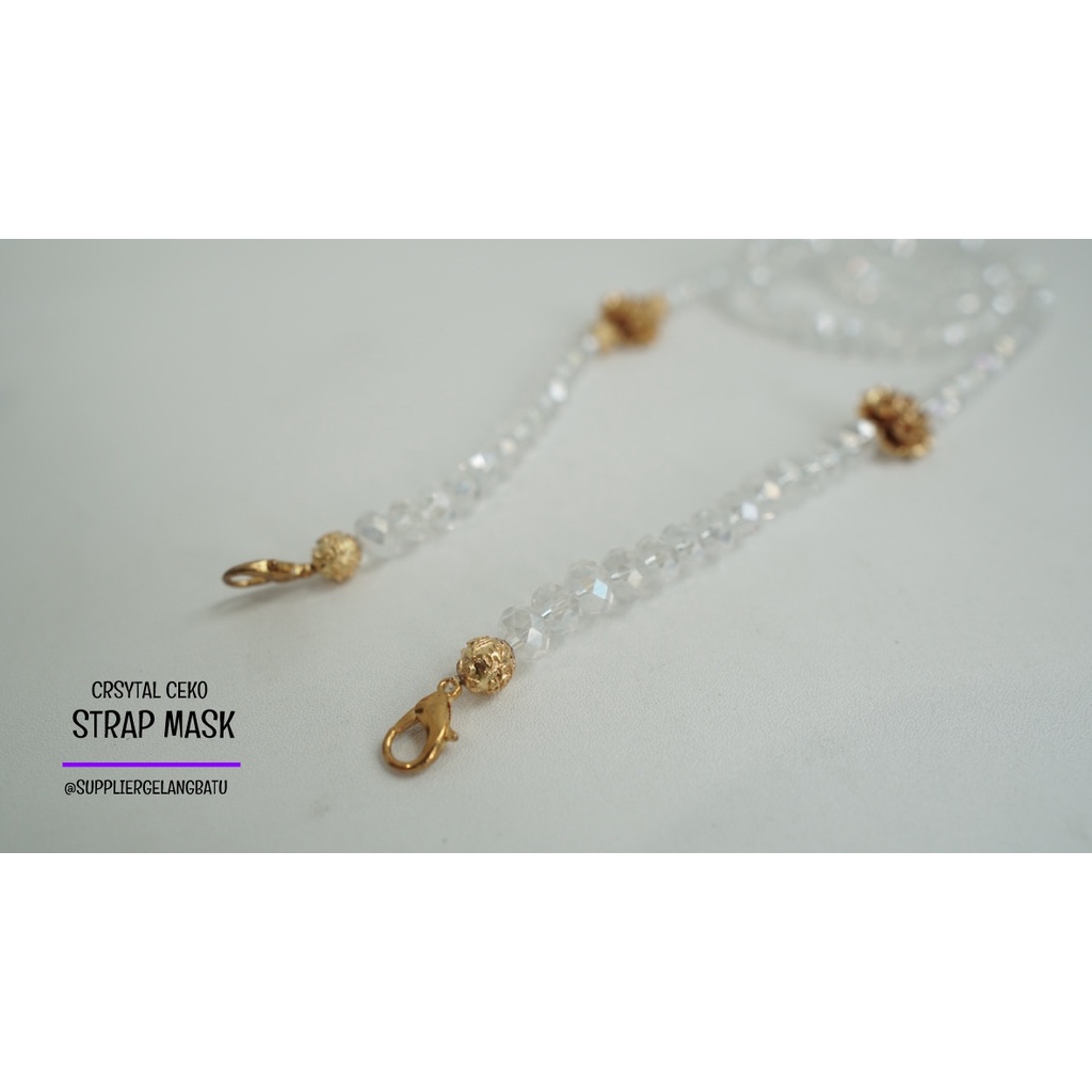 strap masker bunga teratai premium kristal ceko bening panjang gold