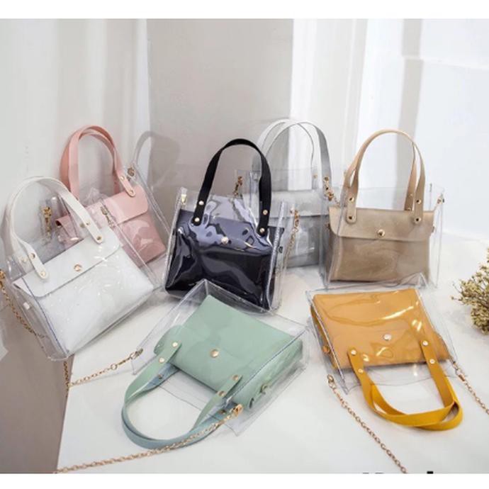 TAS SELEMPANG TRANSPARAN HANDBAG TRANSPARAN TAS WANITA IMPORT - TSP01 - Merah Muda