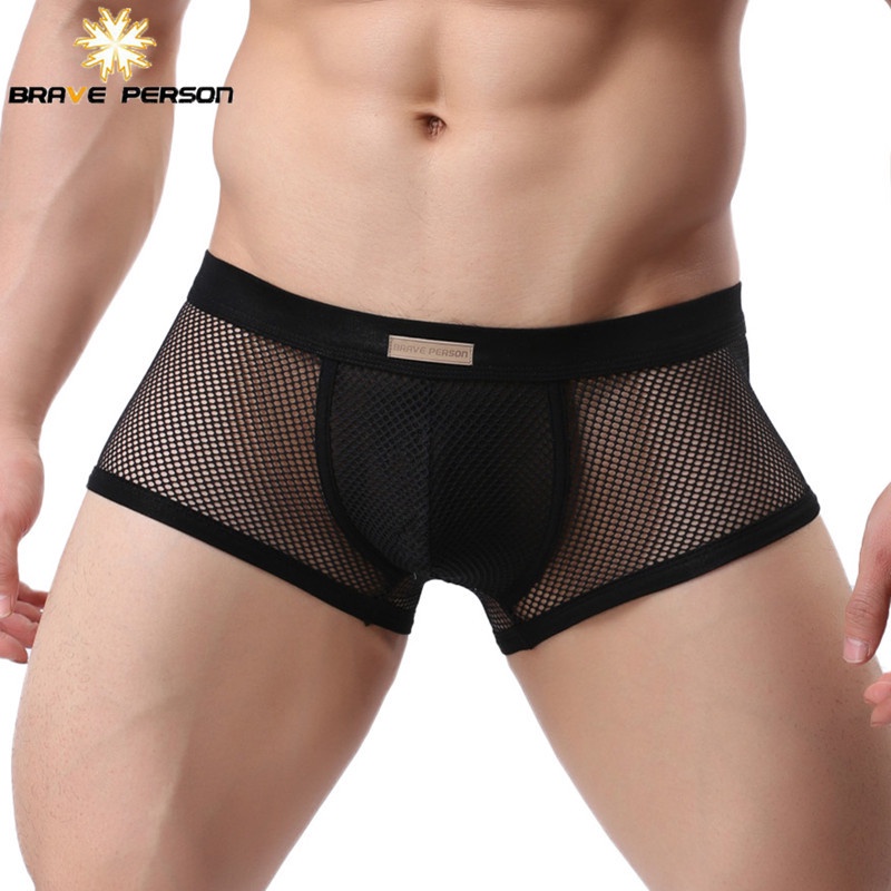 BRAVE PERSON Underwear Men's Boxers Breathable Mesh Hollow Boxer Shorts Sexy Underwear Transpare