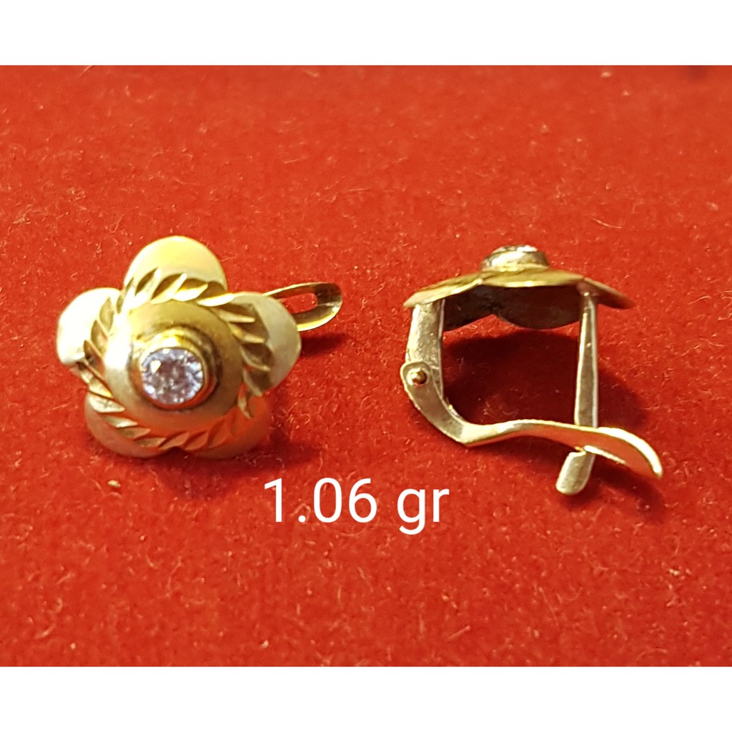 anting jepit anak dan dewasa emas asli pita bunga 2 warna dimensi kadar 700 70% 16k 22 gold cetek klip permata pink