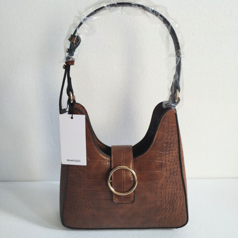 [SALE] Tas Mango Original Croc Effect Shoulder Vintage Jennie Brown Branded Bag