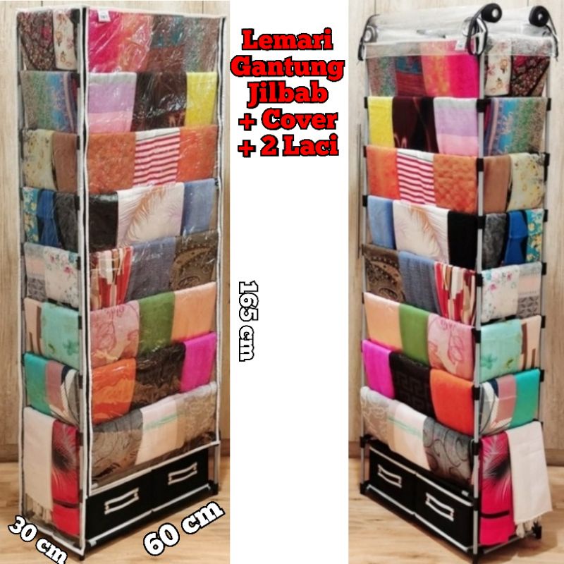 Lemari 9 Tingkat + 2 Laci Gantung Jilbab Penutup Cover Anti Debu Transparan Bening Rak Gantungan Paj