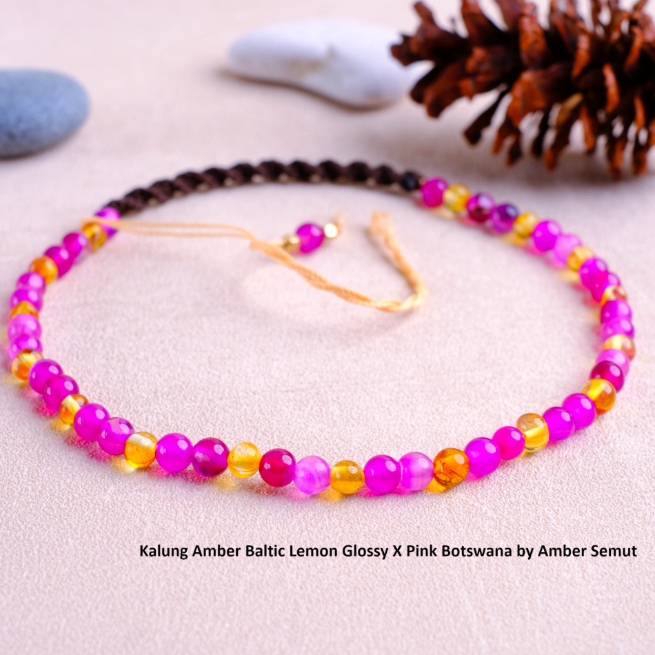 Kalung Amber Baltic Lemon Glossy X Pink Botswana Resizeable [2189]