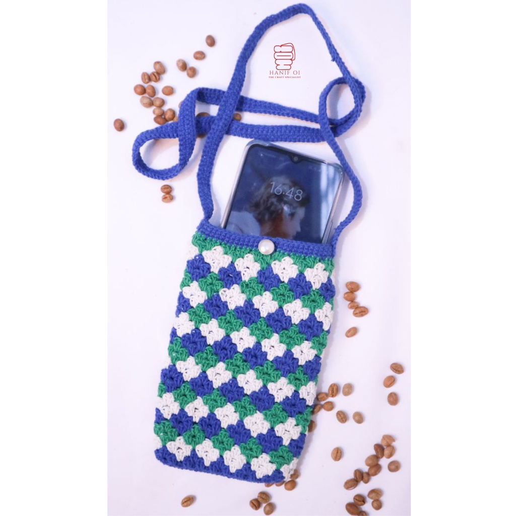Tas Selempang Rajut/Tas HP Rajut/Tas Wanita/Sling Bag HP Biru Putih Hijau