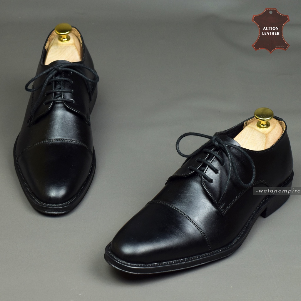 Sepatu Pantofel Kerja Pria Formal Tali Model Captoe Derby Shoes Bahan Kulit Hitam Bisa Untuk Pesta