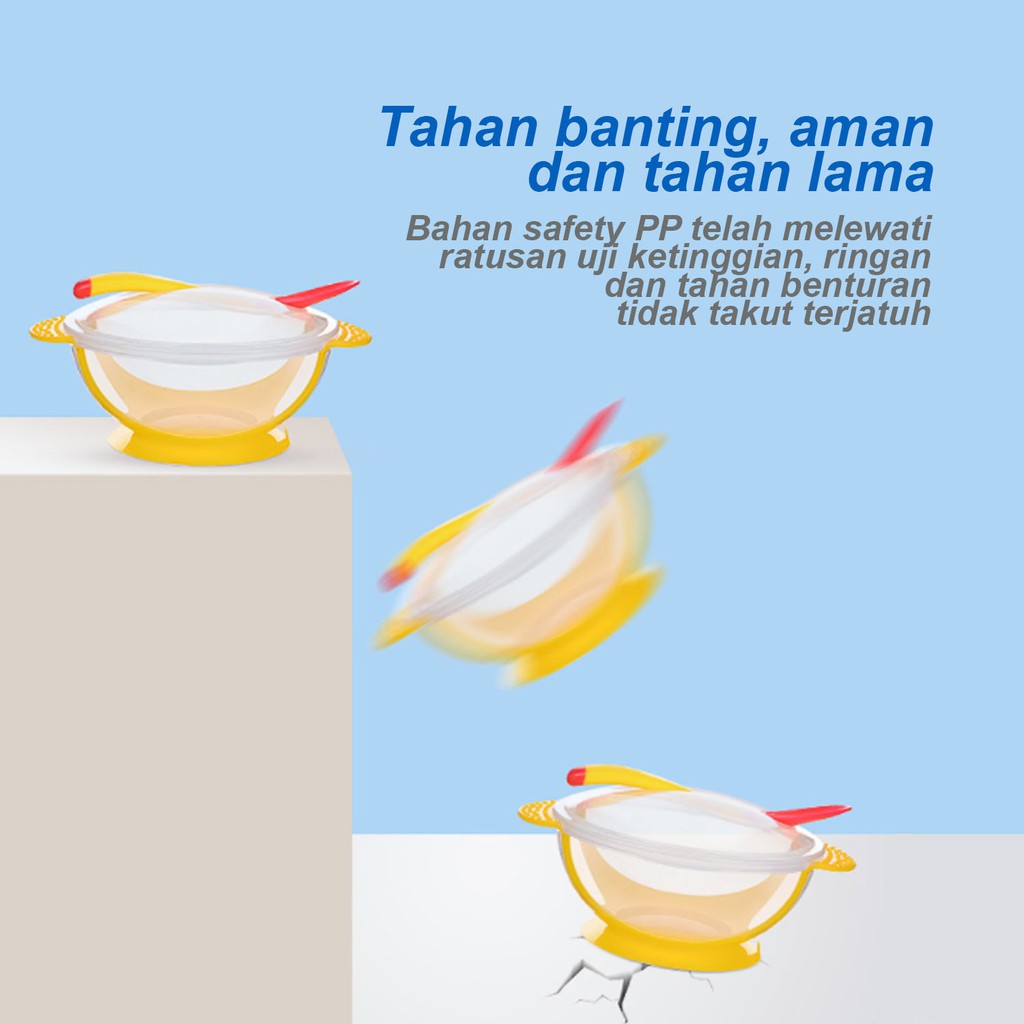 ☀ Sunly ☀ A113 Mangkok Sensor Panas Anti Tumpah Bayi Anti Slip Sendok Tutup Makan Import Premium