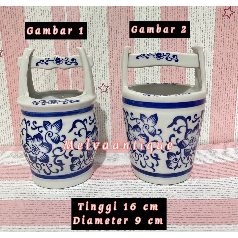 Tempat sendok keramik biru putih / timba pajangan keramik biru putih motif bunga ukuran tinggi 16 cm