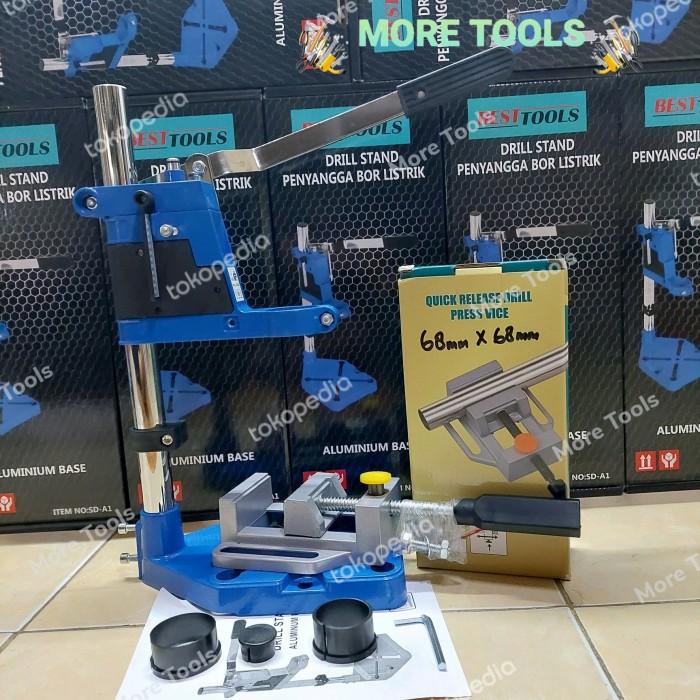 Paket Stand Drill Mesin Bor Tangan Alumunium Base + Vice Drill Clamp