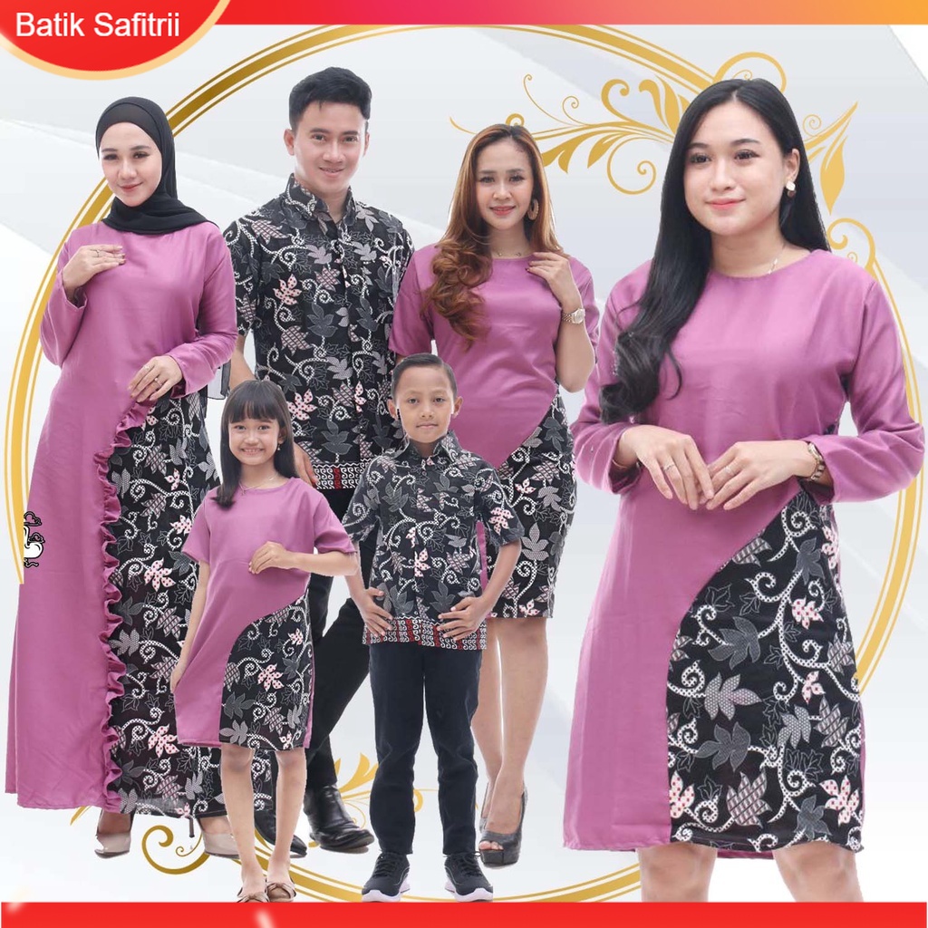 Couple Keluarga - Batik Keluarga Muslim Kombinasi - Ibu Bapak Anak - Motif Moscrep Ungu - Dress Tuni