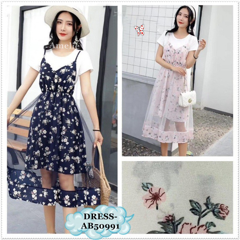 [baju wanita korea]  Set Long Dress Midi Pesta Bunga Wanita Bangkok Korea Import